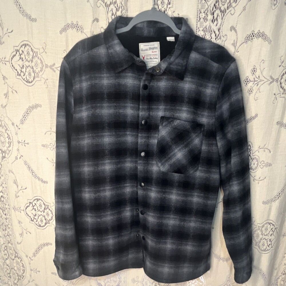 Sunrise Kingdom Flannel Plaid Button-Up Shirt Black Gray Long Sleeve Men's
